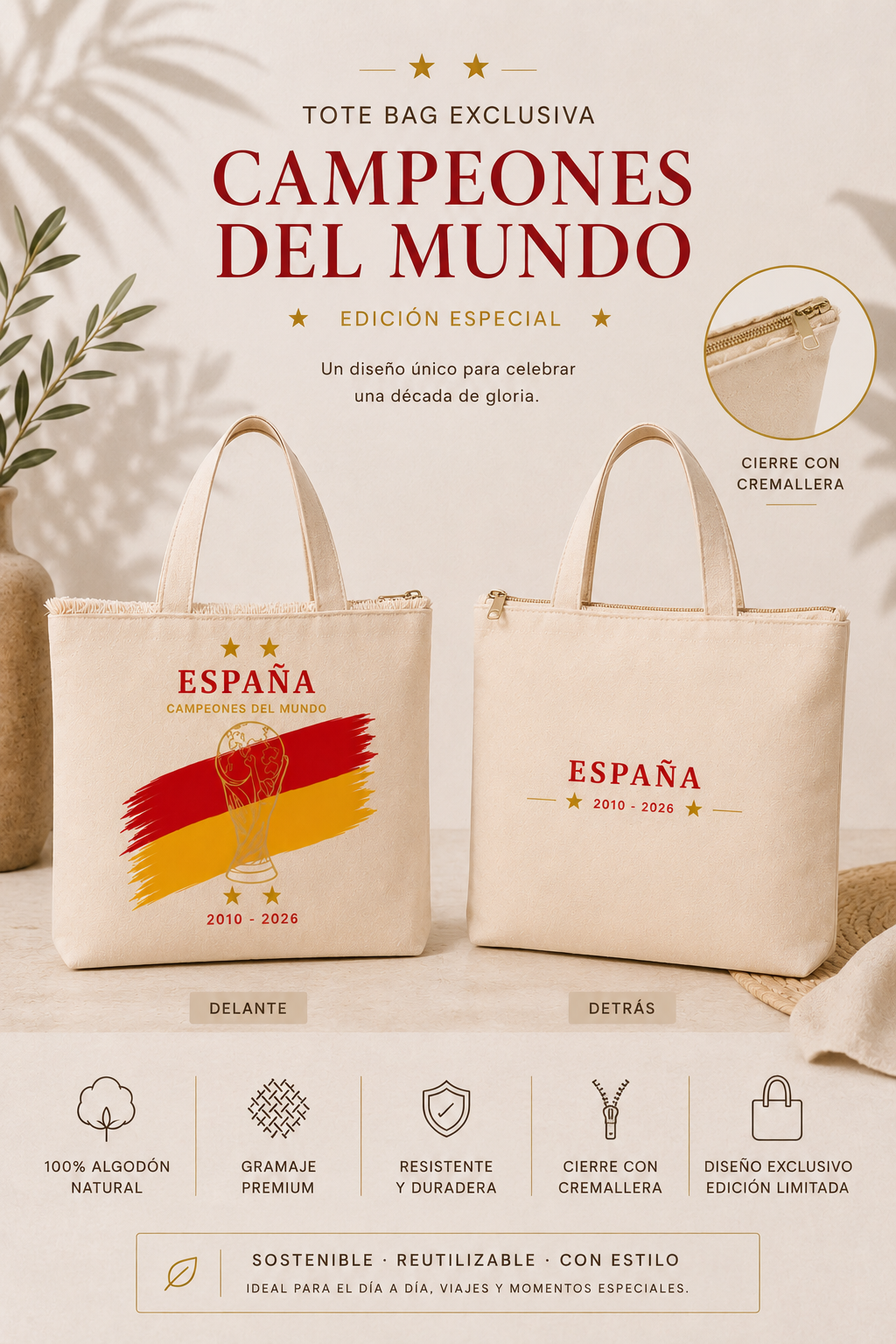 Tote Bag España Campeones del Mundo Edición Especial - Beige con Flecos