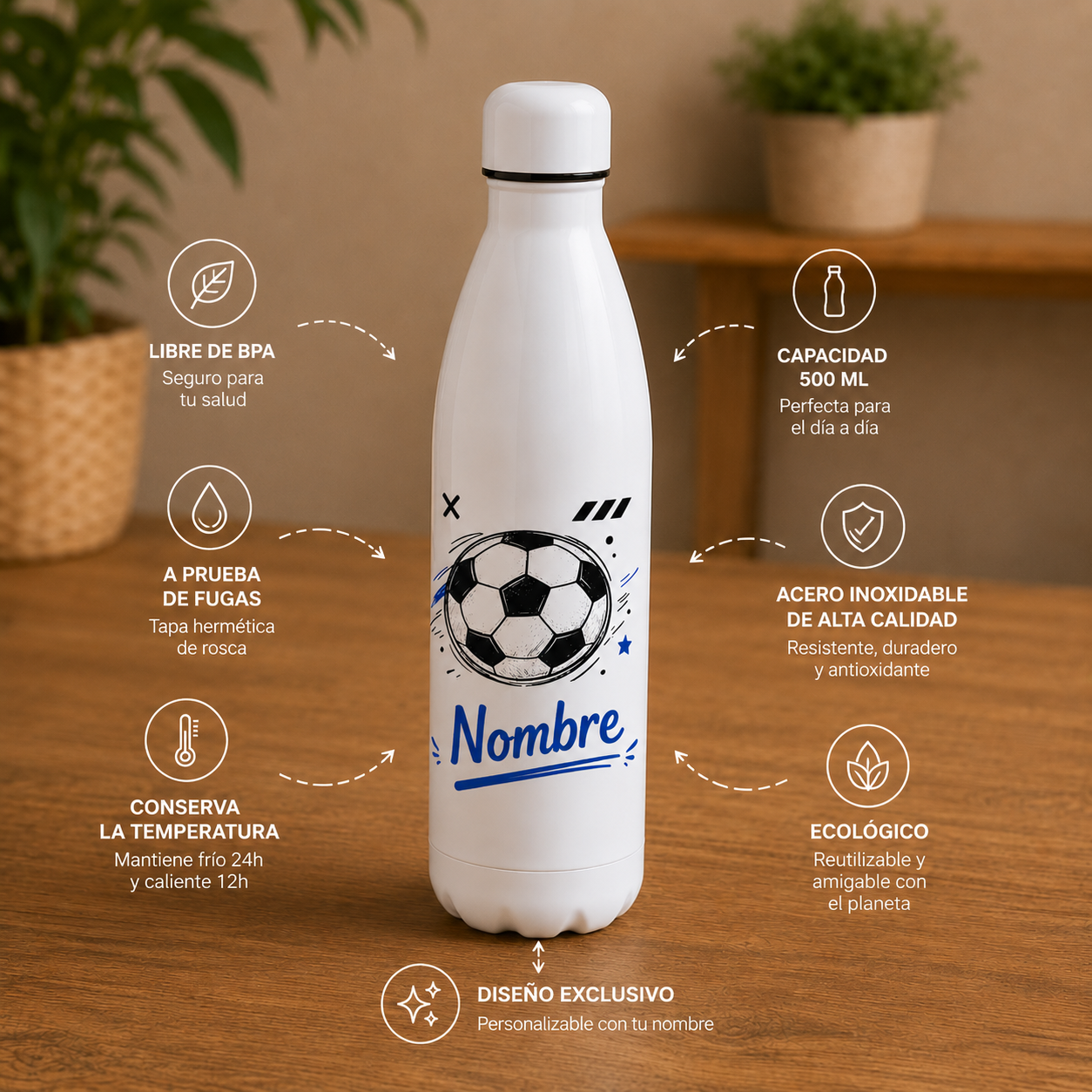 Botella de Acero Inoxidable Personalizada Fútbol - 500ml