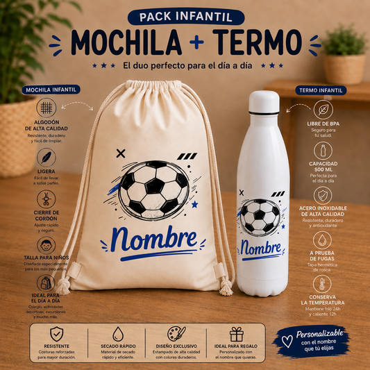 Pack Infantil Fútbol Personalizado - Mochila + Termo